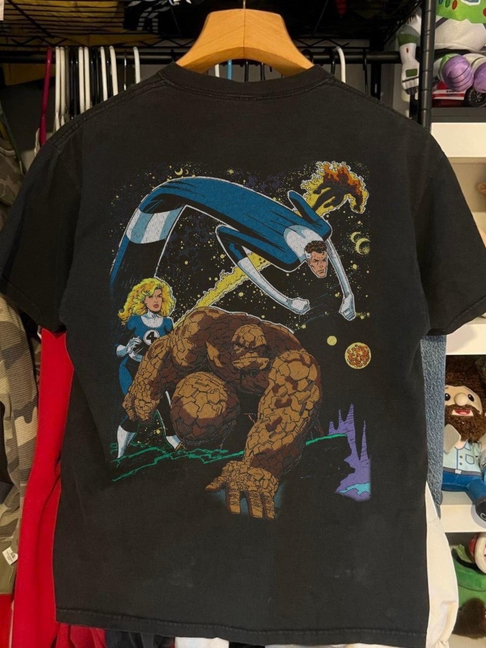 Marvel Men’s Black Fantastic Four Graphic Tee with Blue, Brown & Purple Accents